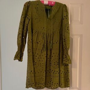 Olive Eyelet Long-Sleeve Cotton Dress